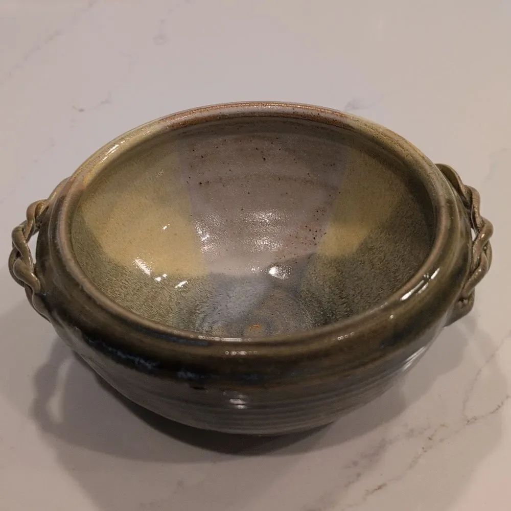 Handmade Ribbed Pottery Bowl with Braided Handles Artist Signed